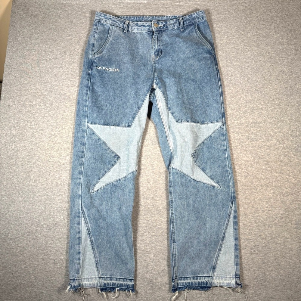 Romwe Los Angeles Star Patch Jeans Light Wash Blue Distressed Raw Hem Size M
